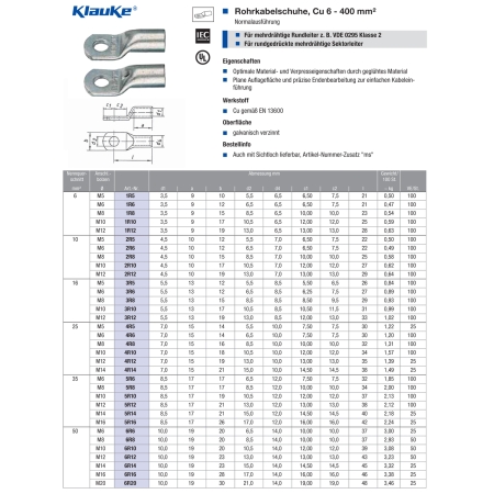 KLAUKE Rohrkabelschuh, 25mm², M6, 12mm breit 2 Stück