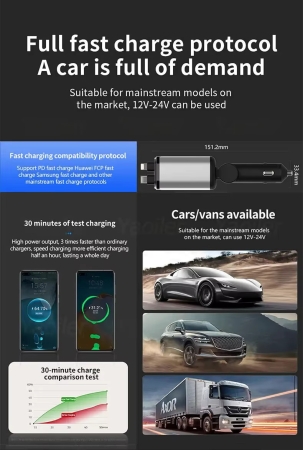 4-in-1 einziehbares Autoladegerät, 69 W USB-C und lightning anschluss