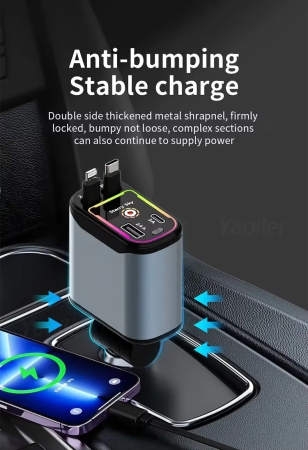 4-in-1 einziehbares Autoladegerät, 69 W USB-C und lightning anschluss