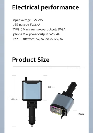 4-in-1 einziehbares Autoladegerät, 69 W USB-C und lightning anschluss