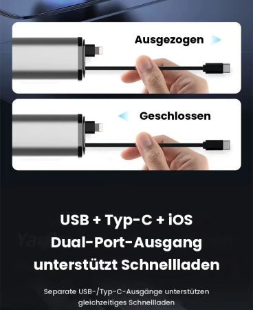 4-in-1 einziehbares Autoladegerät, 69 W USB-C und lightning anschluss