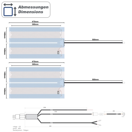 Sitzheizung, 2x 480x280mm längsgeteilt, Schalter 2-stufig