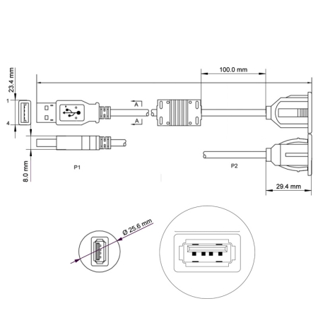 USB-Einbaubuchse mit 200cm Kabel