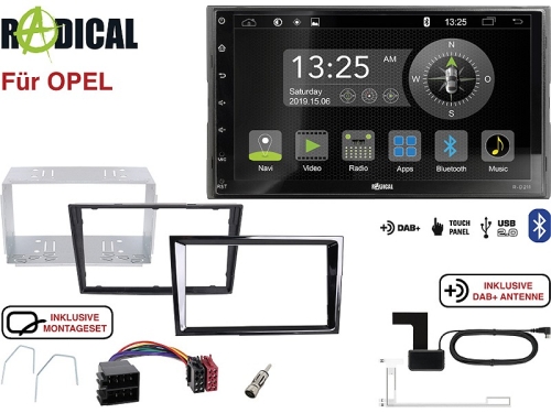 Radical R-D211 2-DIN DAB+ mit Montageset für Opel schwarz glänzend PIANO