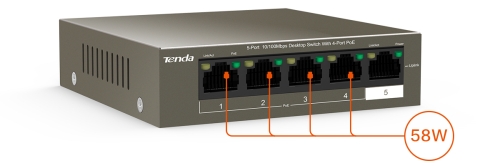 Tenda TEF1105P-4-63W 5-Port 100 MBit/s Desktop Switch mit 4-Port PoE