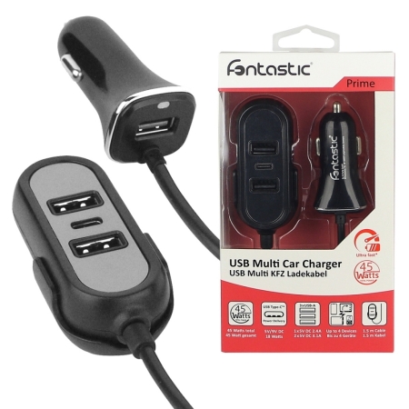 Auto-Ladekabel 12/24V 45W - 3 x USB-A und 1 x USB Typ C - 1.5m Länge - sw