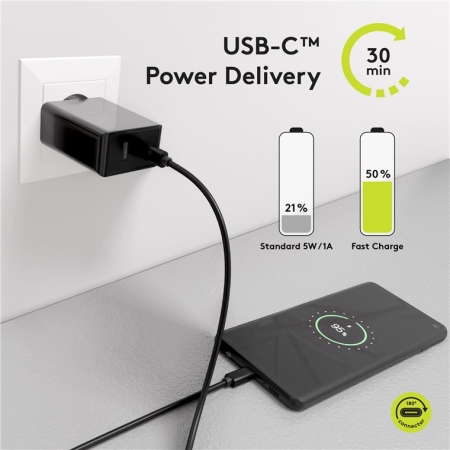 230V Netzteil mit USB-A & USB-C Buchsen, 28 Watt, schwarz