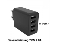 Netzteil 24W Quad Plus 4x USB-A 4.8A / 24 Watt schwarz mit integriertem Smart IC